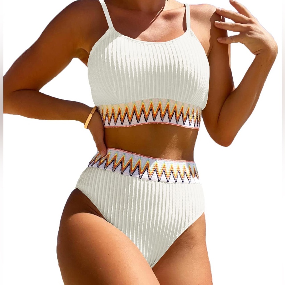 White Ribbed Bikini Colorful Trim High Waisted Two Piece Crop High Cut Cheeky 🌈